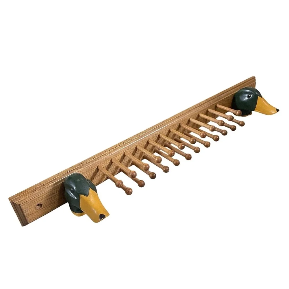Vtg 50s Drake Mallard Duck Wooden Tie Rack 24 Pegs Handmade Cabin Hunting Rustic